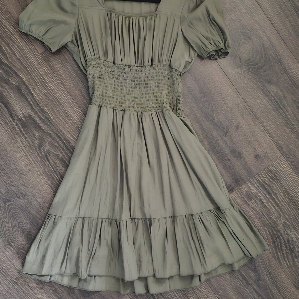 Olive Green Puff-Sleeve Smocked Waist Dress -